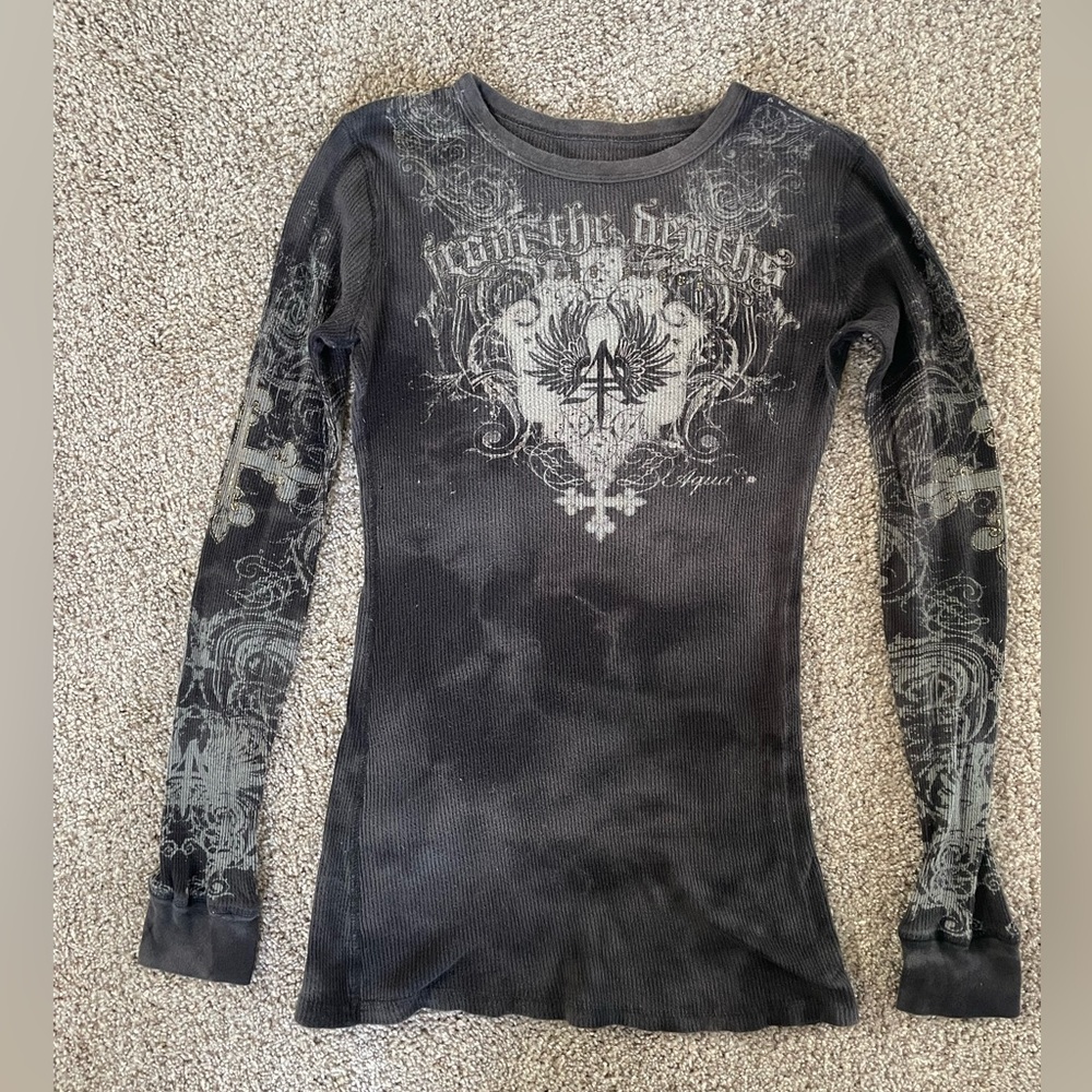 Black and Gray Graphic Long Sleeve  thermal shirt